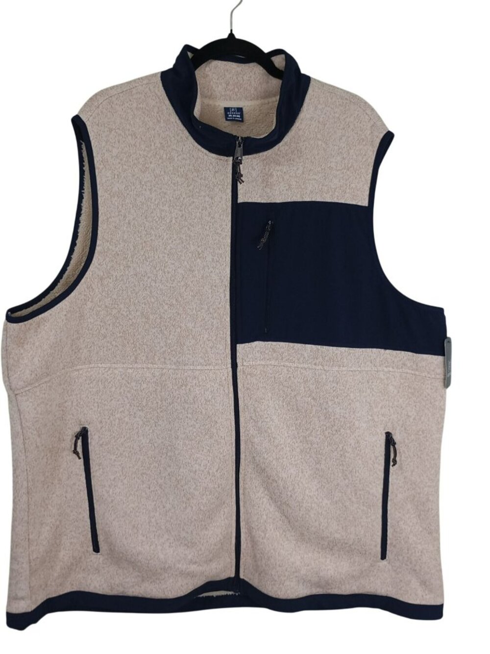 George Mens Fleece-Lined Beige & Navy Full-Zip Sleeveless Vest 3XL